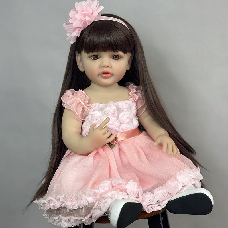 Bambola Reborn Bambina Capelli Castani Lunghi 22 Pollici In Abito Rosa-Betty