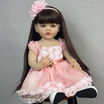 Bambola Reborn Bambina Capelli Castani Lunghi 22 Pollici In Abito Rosa-Betty