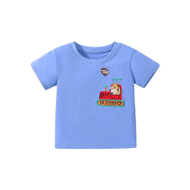 T-shirt da ragazzo a maniche corte con girocollo in tinta unita cartone animato