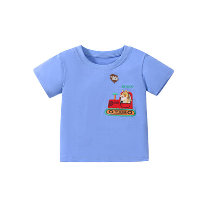 T-shirt da ragazzo a maniche corte con girocollo in tinta unita cartone animato