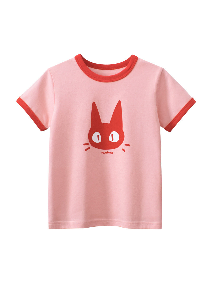 Cartoon cat head printed cotton short-sleeved T-shirt