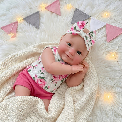 Bambola reborn Maddie in silicone estensibile da 30 cm con sorriso vestita con abitino floreale rosa
