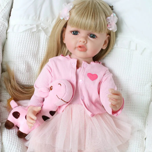 22 pollici occhi aperti lunghi capelli biondi reborn bambine con vestito rosa-Betty