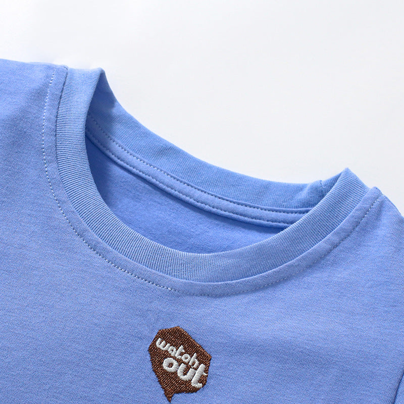 T-shirt da ragazzo a maniche corte con girocollo in tinta unita cartone animato