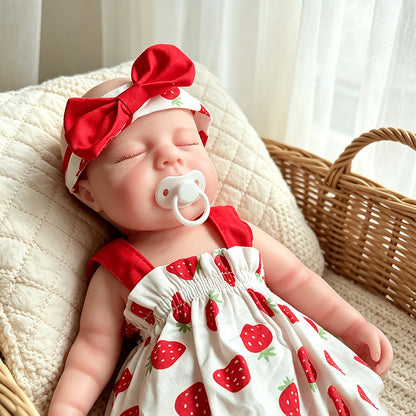 Bambola reborn Loulou 30cm interamente in silicone con occhi chiusi vestita con un abito a fragole