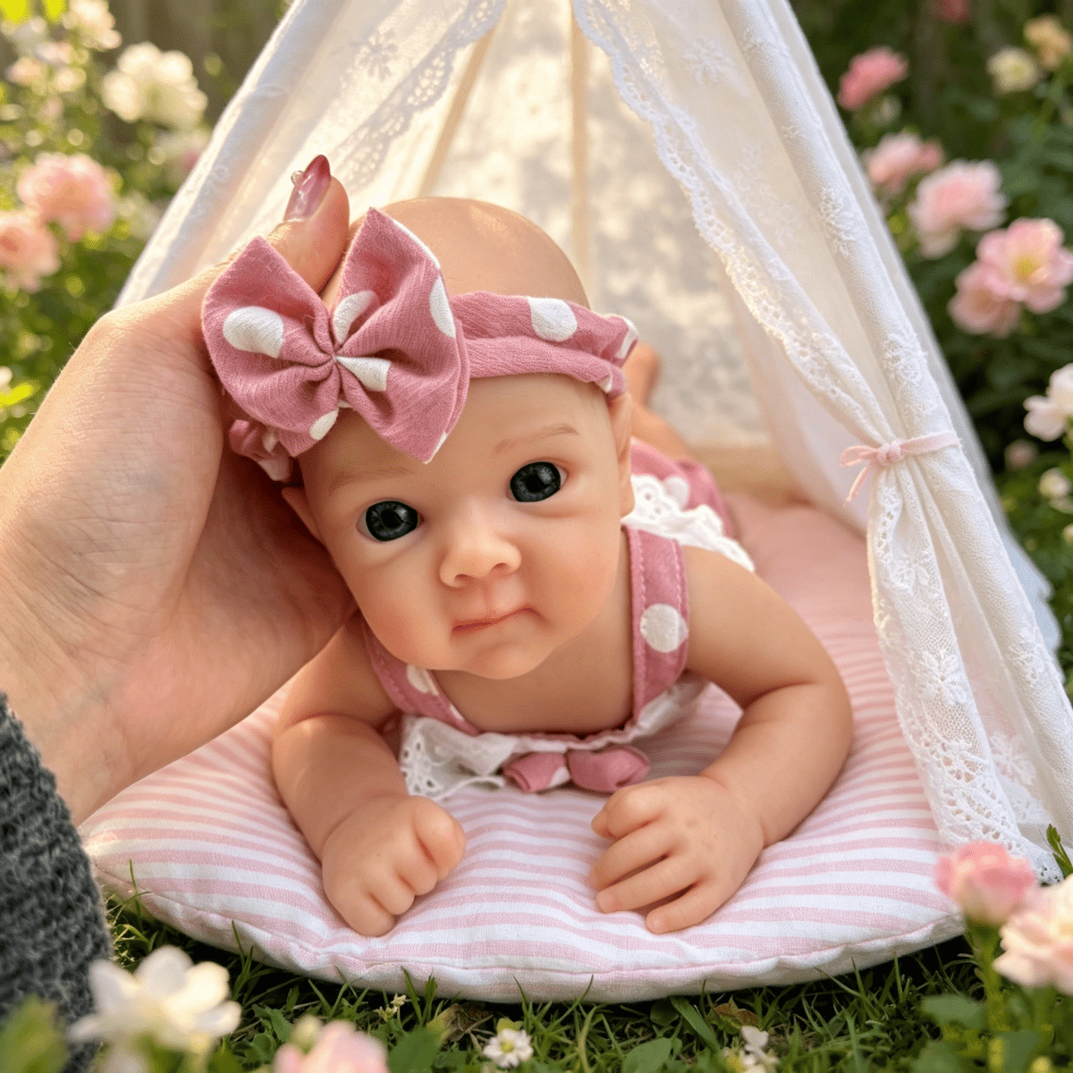 Bambola reborn Bettie da 30cm interamente in silicone con vestitino a pois rosa