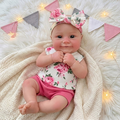 Bambola reborn Maddie in silicone estensibile da 30 cm con sorriso vestita con abitino floreale rosa