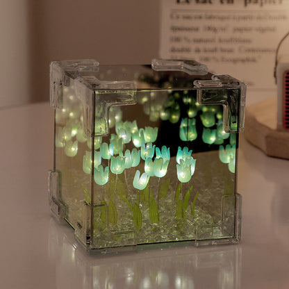 Luce notturna a specchio 3D creativa con cubo di Rubik e 20 tulipani