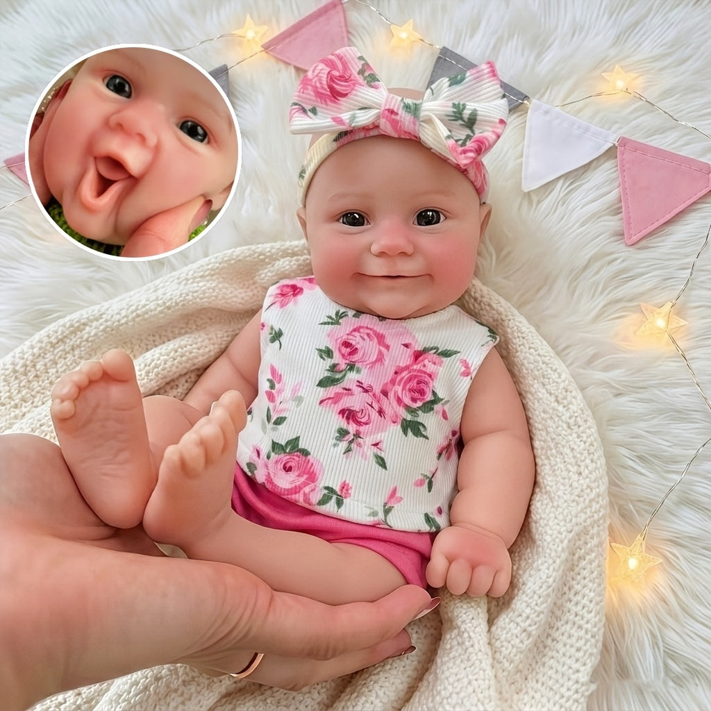 Bambola reborn Maddie in silicone estensibile da 30 cm con sorriso vestita con abitino floreale rosa