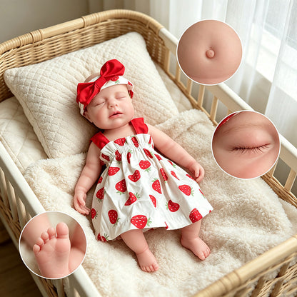 Bambola reborn Loulou 30cm interamente in silicone con occhi chiusi vestita con un abito a fragole