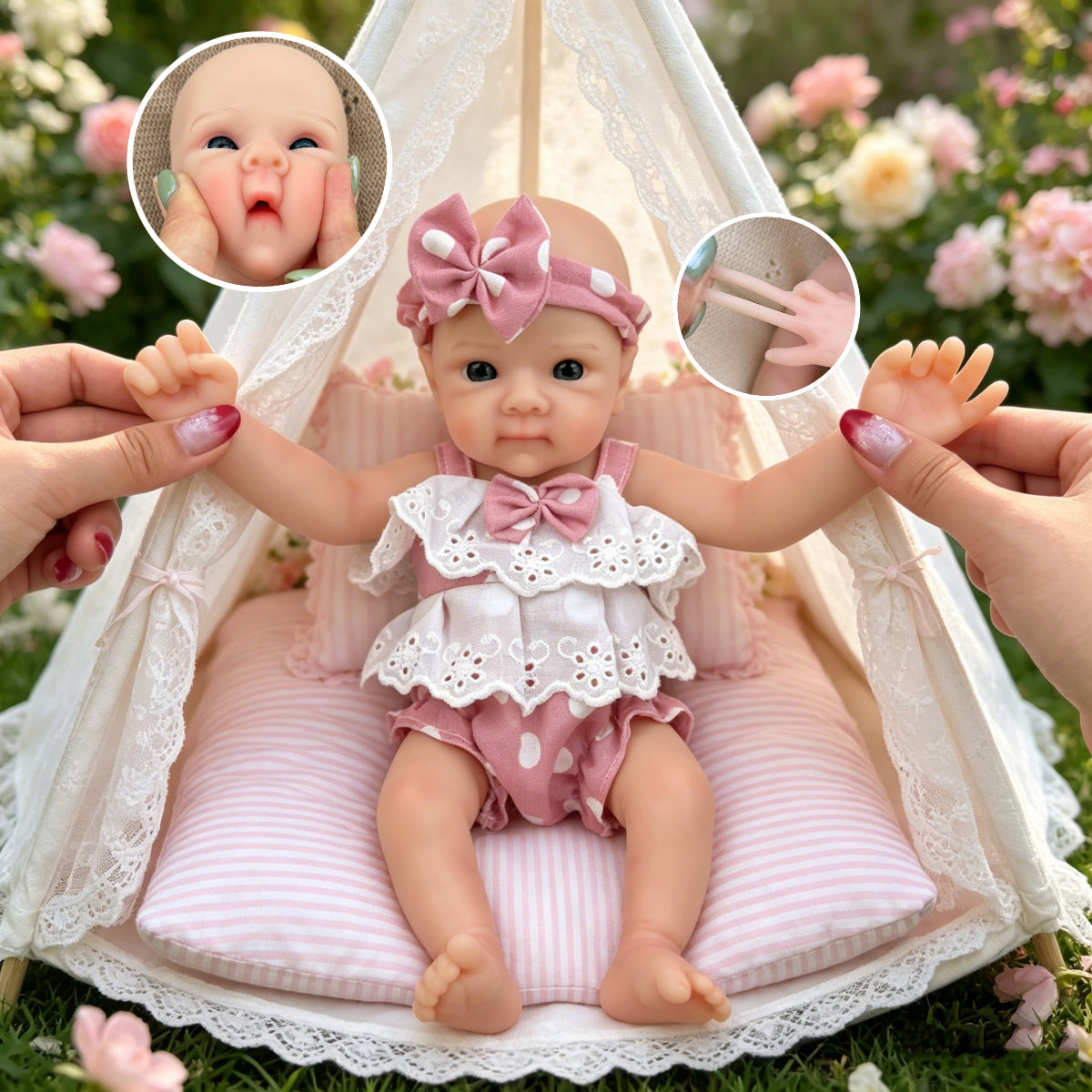 Bambola reborn Bettie da 30cm interamente in silicone con vestitino a pois rosa
