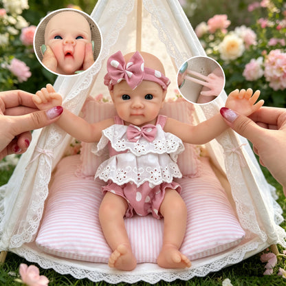 Bambola reborn Bettie da 30cm interamente in silicone con vestitino a pois rosa