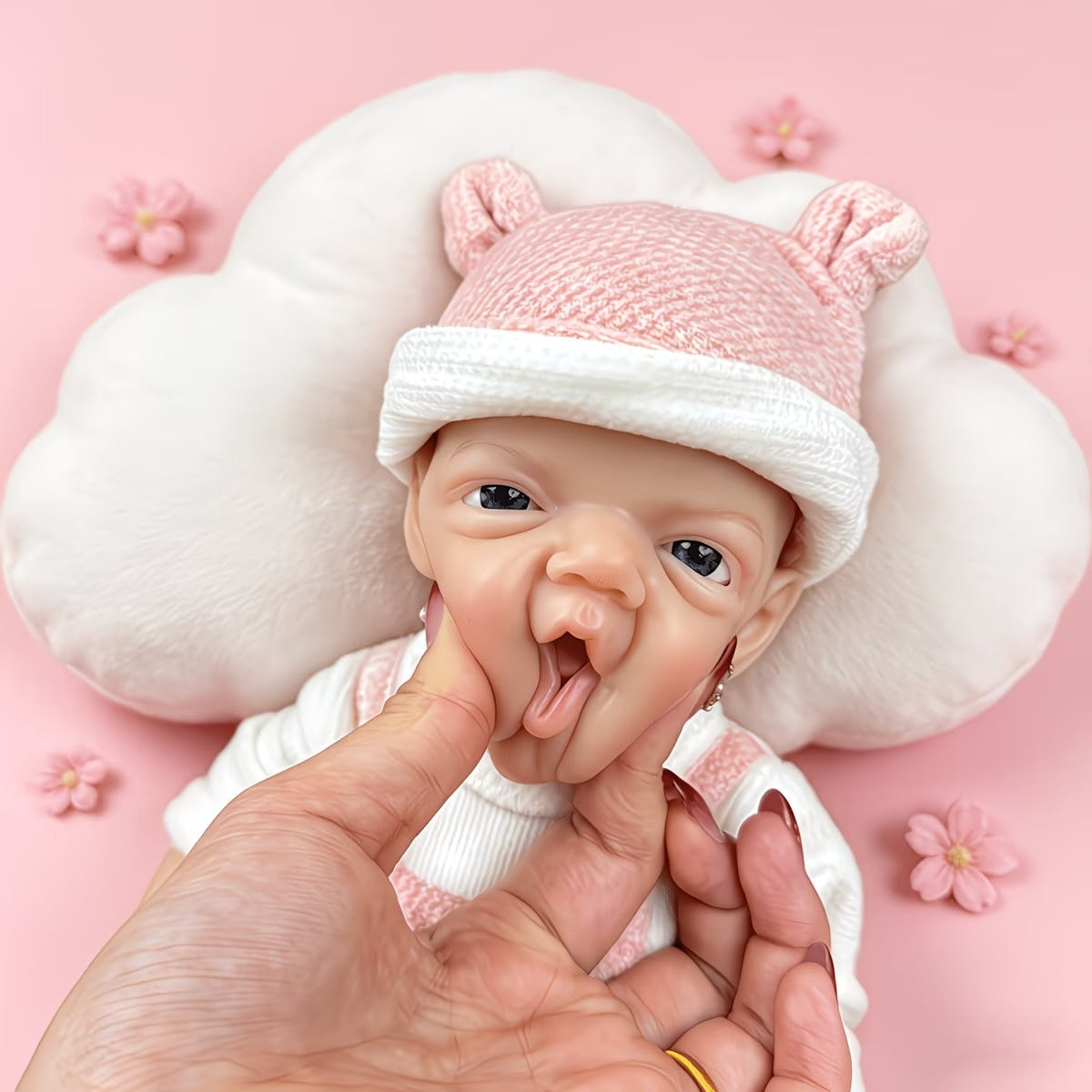 Bambina reborn Charlie alta 30 cm con sorriso realistico e occhi azzurri in silicone vestita con abiti da orsetto rosa