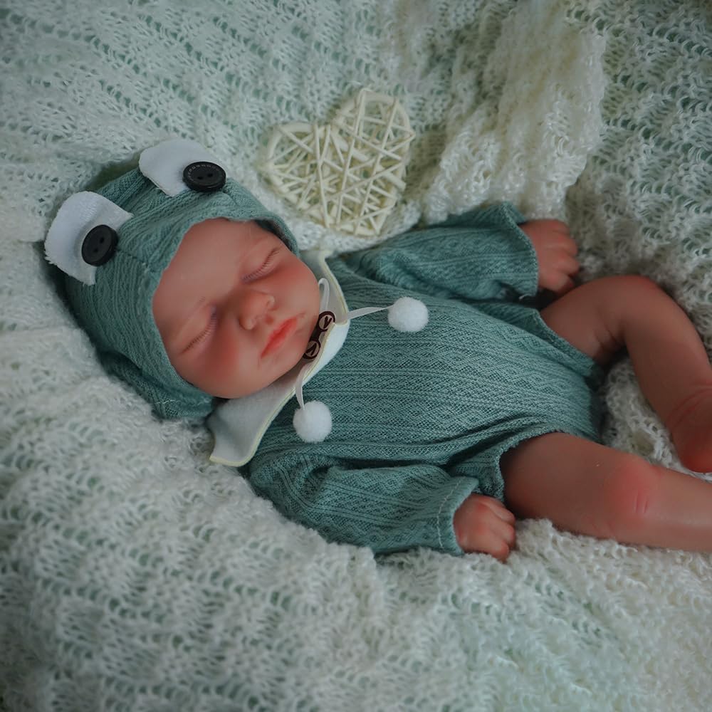 30cm Full Silicone Closed Eyes Loulou Reborn Doll Girl in Green Clothes
