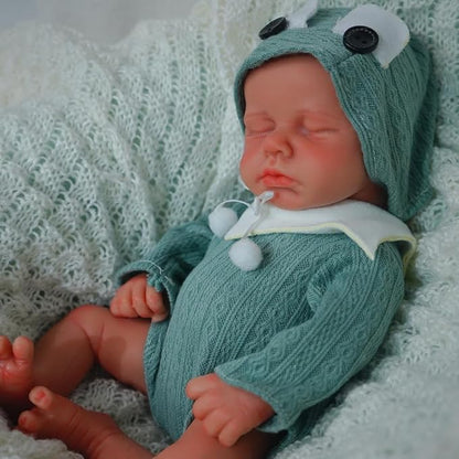 30cm Full Silicone Closed Eyes Loulou Reborn Doll Girl in Green Clothes