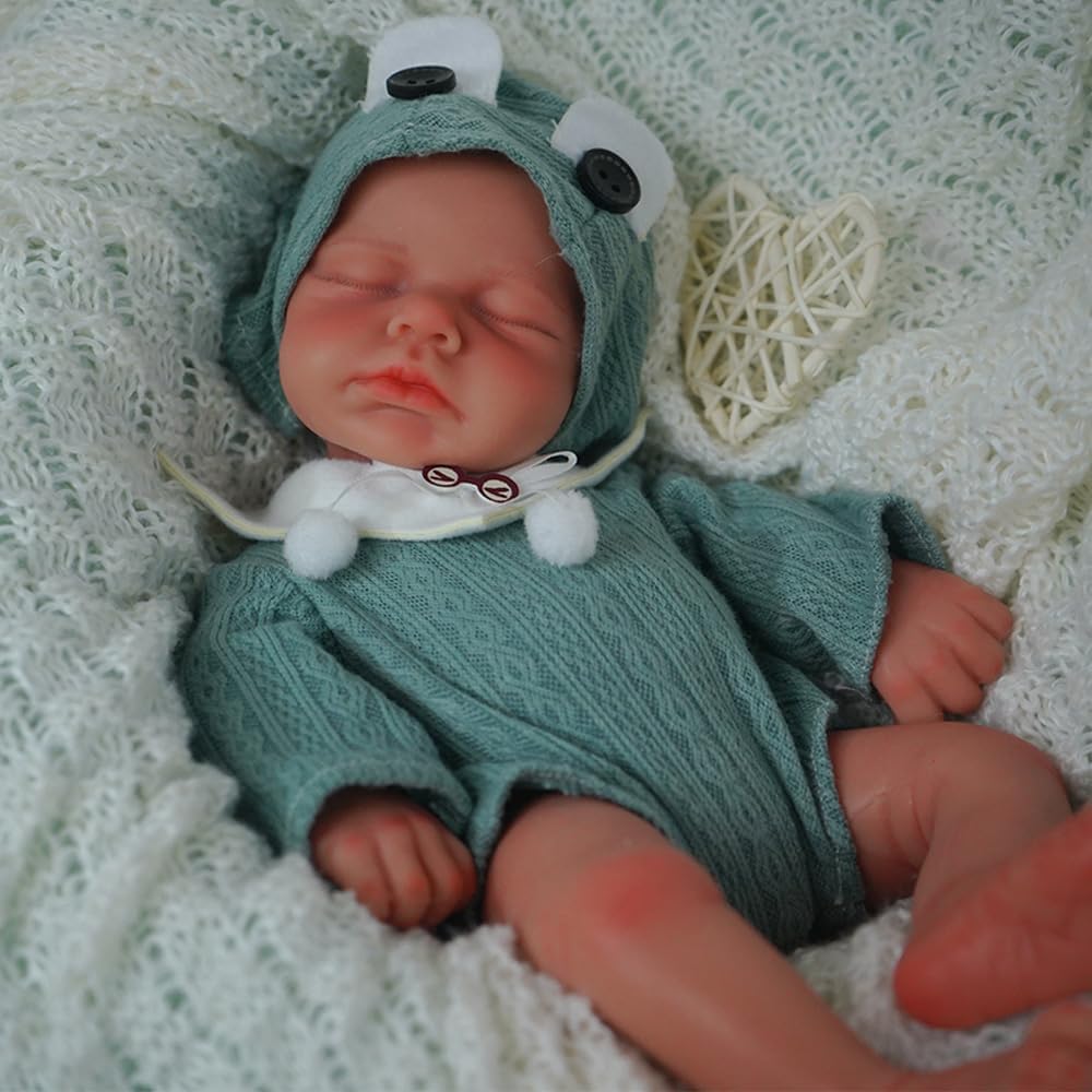 30cm Full Silicone Closed Eyes Loulou Reborn Doll Girl in Green Clothes
