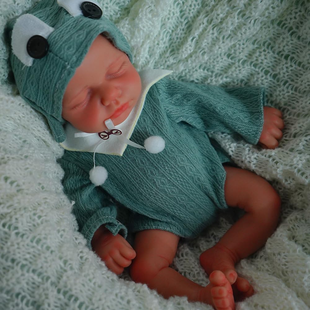 30cm Full Silicone Closed Eyes Loulou Reborn Doll Girl in Green Clothes