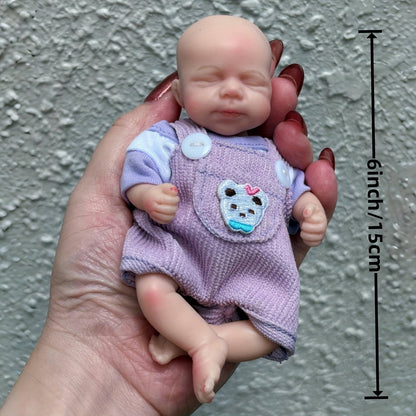 6 Inch Closed Eyes Mini Silicone Reborn Doll Girl Pascale In Purple Bear Outfits