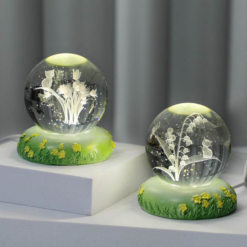 Sfera di cristallo 3D con fiore scolpito all'interno della lampada notturna a sfera di vetro