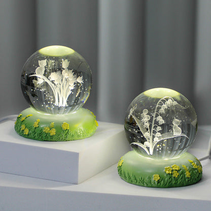Sfera di cristallo 3D con fiore scolpito all'interno della lampada notturna a sfera di vetro
