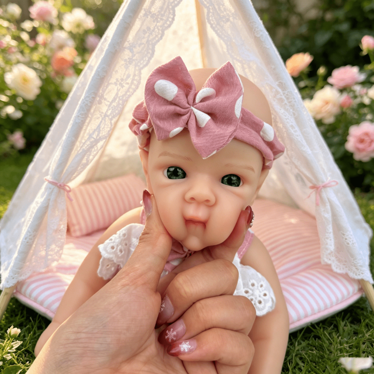 Bambola reborn Bettie da 30cm interamente in silicone con vestitino a pois rosa
