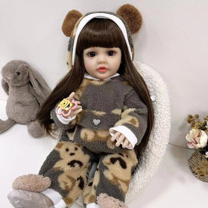 Bambina rinata da 22 pollici con occhi aperti e capelli lunghi in tutina di peluche - Betty