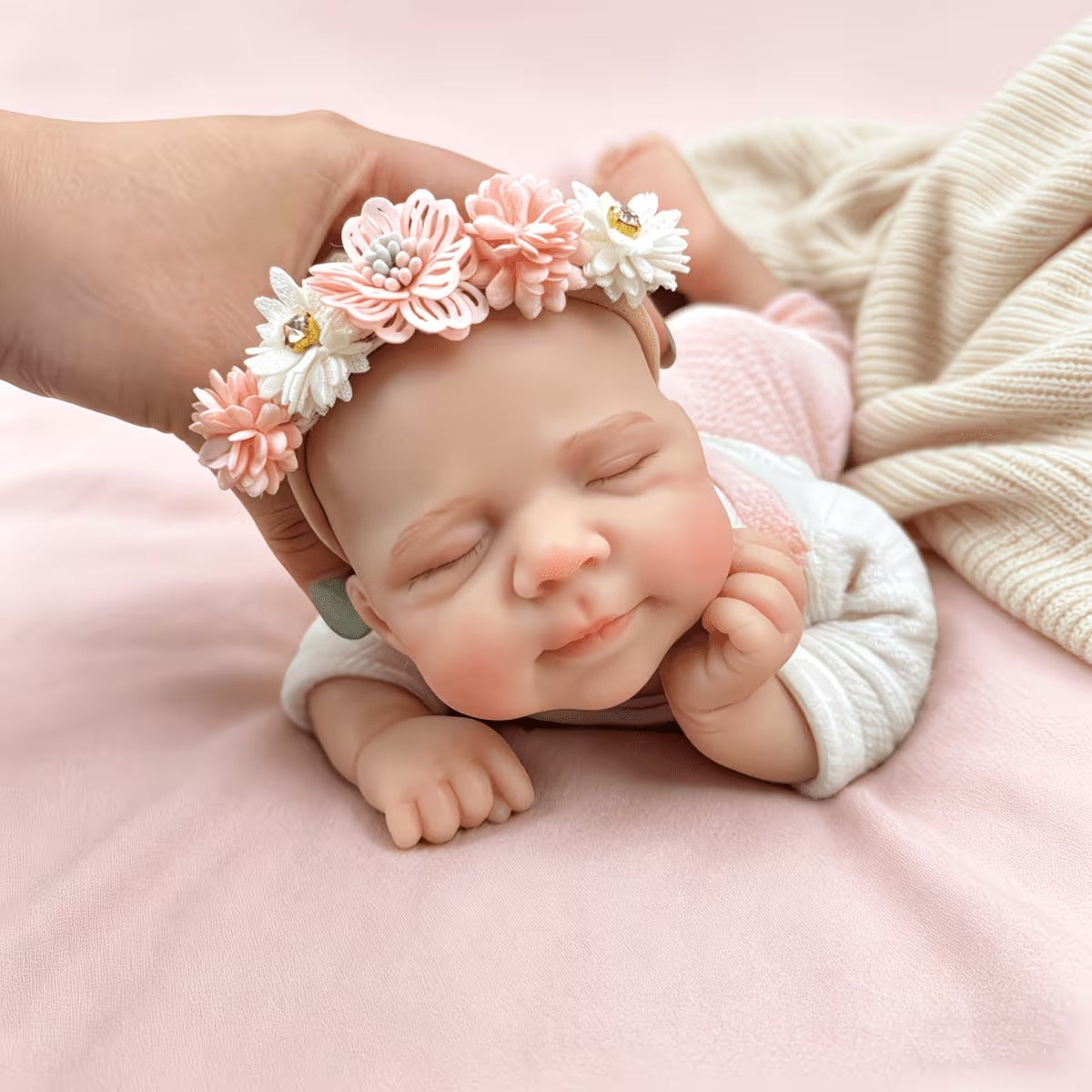 Bambola reborn Pascale da 30 cm in silicone addormentata con indosso un vestitino da orsetto rosa