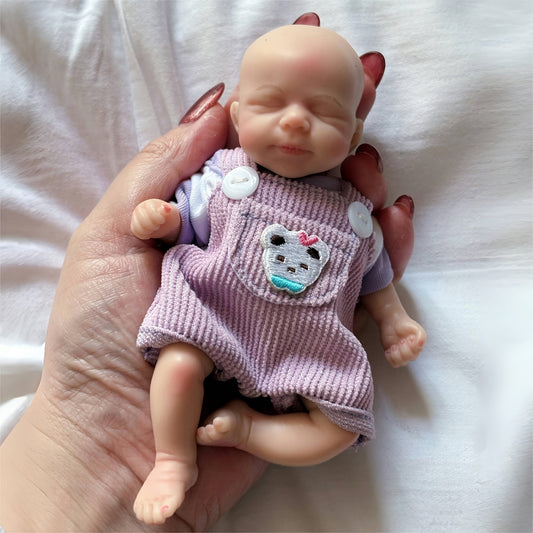 6 Inch Closed Eyes Mini Silicone Reborn Doll Girl Pascale In Purple Bear Outfits