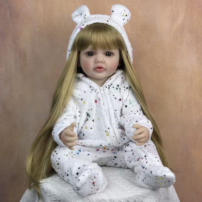 Bambina reborn Betty 55 cm occhi aperti lunghi capelli biondi con tutina a stelle
