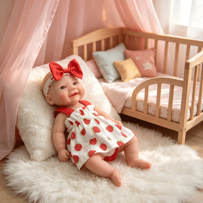 Bambola reborn Vivienne in silicone da 30 cm bambina con vestito a fragole