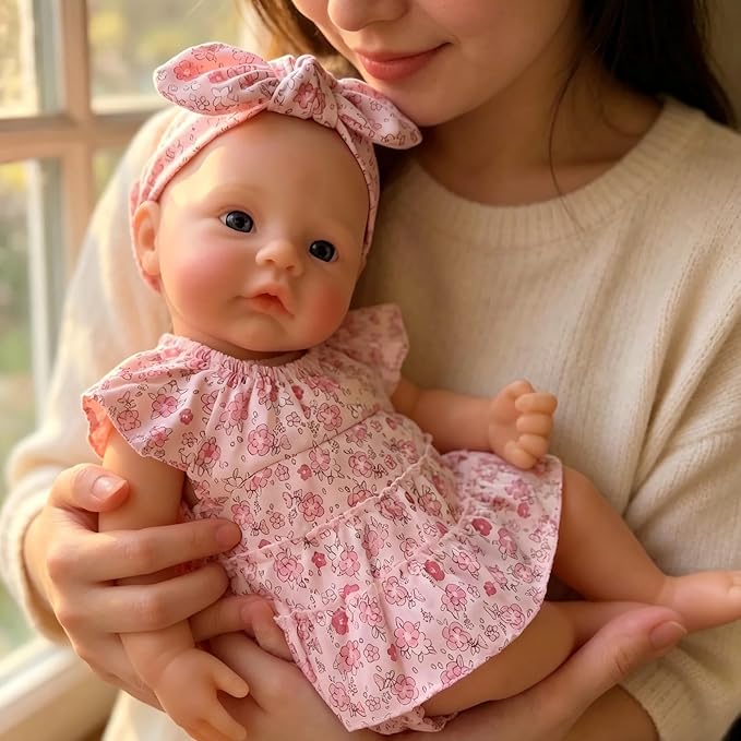 Bambola reborn realistica in silicone da 18 pollici con vestito floreale raffigurante una bambina di nome Meadow