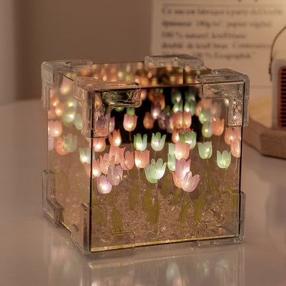 Luce notturna a specchio 3D creativa con cubo di Rubik e 20 tulipani