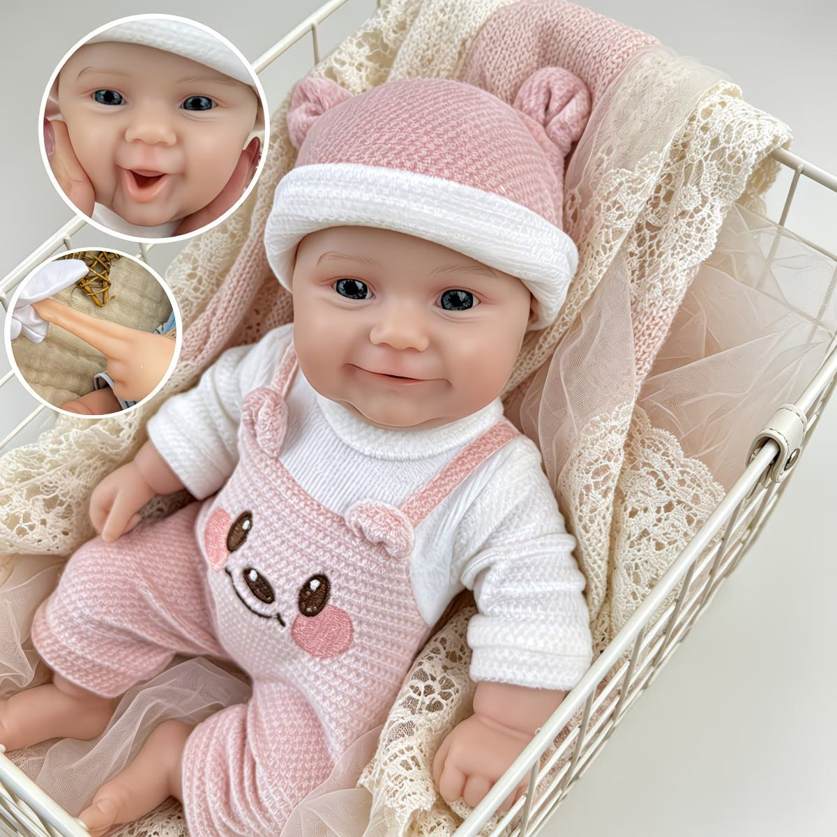 Bambola reborn Maddie Smile da 30 cm interamente in silicone vestita con un orsetto rosa