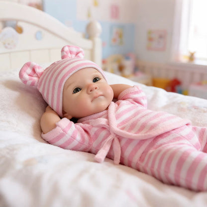 Bambola reborn Bettie in silicone da 30 cm con vestitino a righe rosa