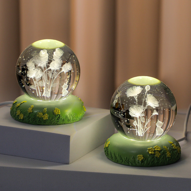 Sfera di cristallo 3D con fiore scolpito all'interno della lampada notturna a sfera di vetro