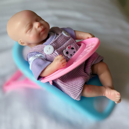 6 Inch Closed Eyes Mini Silicone Reborn Doll Girl Pascale In Purple Bear Outfits