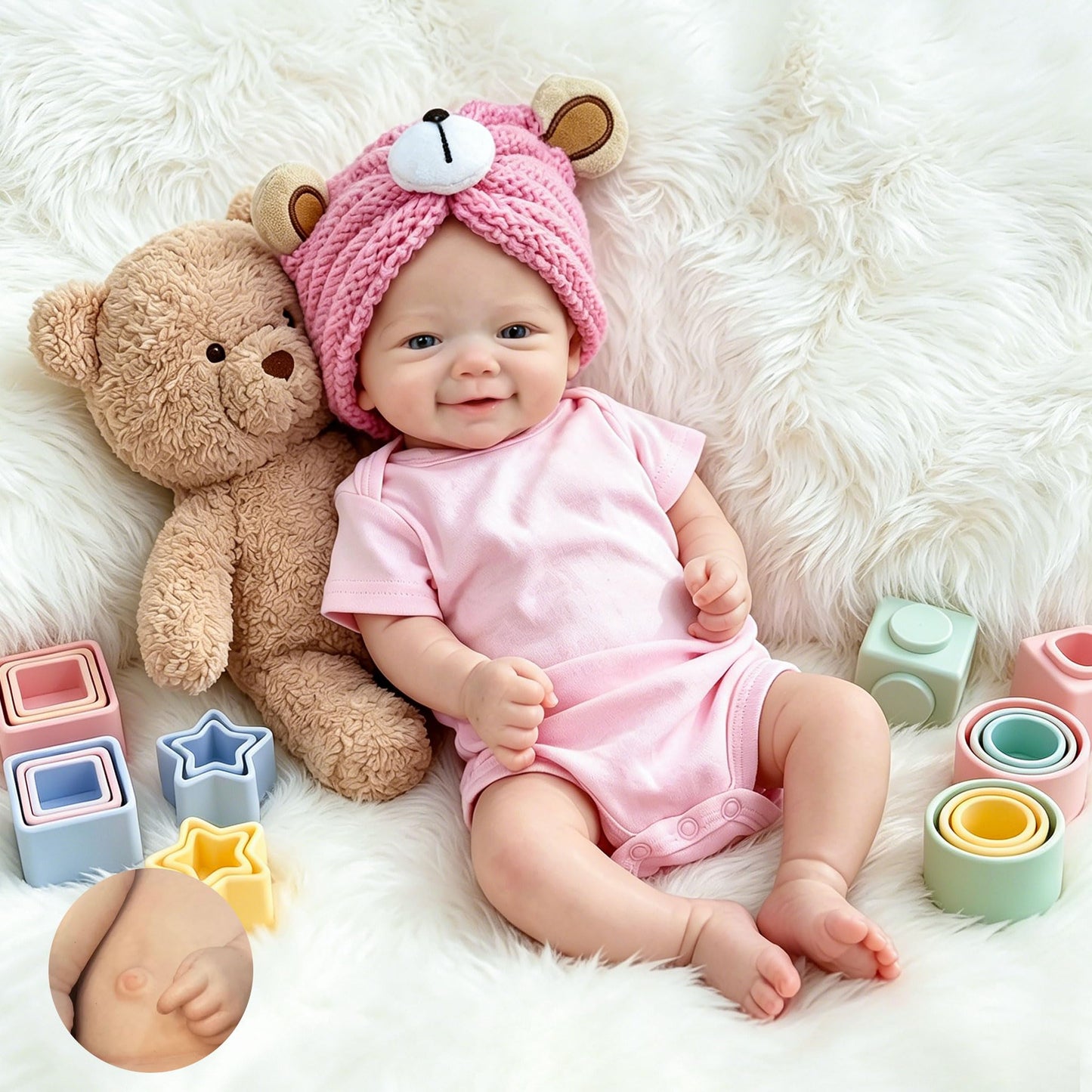 Bambola reborn Vivienne in silicone realistica da 45cm con tutina rosa