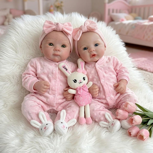 Bambole reborn in silicone pieno da 18 pollici Bettie e Meadow gemelle con abiti rosa