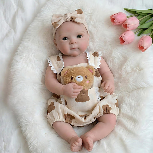 Bambola reborn Bettie in silicone da 18 pollici bambina con vestitino da orsetto