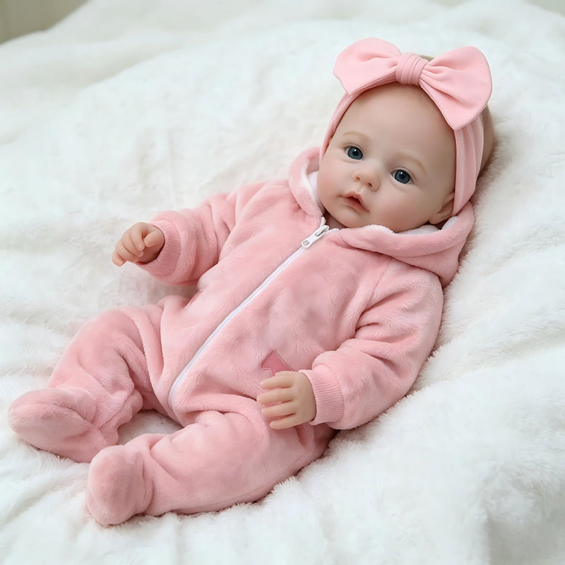 Bambina reborn di 45cm con occhi azzurri e vestitini rosa - Meadow