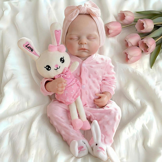 Bambola reborn Peaches in silicone realistica alta 45cm con abito rosa