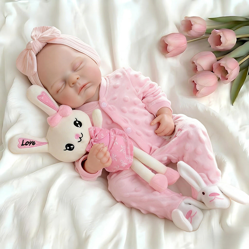 Bambola reborn Peaches in silicone realistica alta 45cm con abito rosa