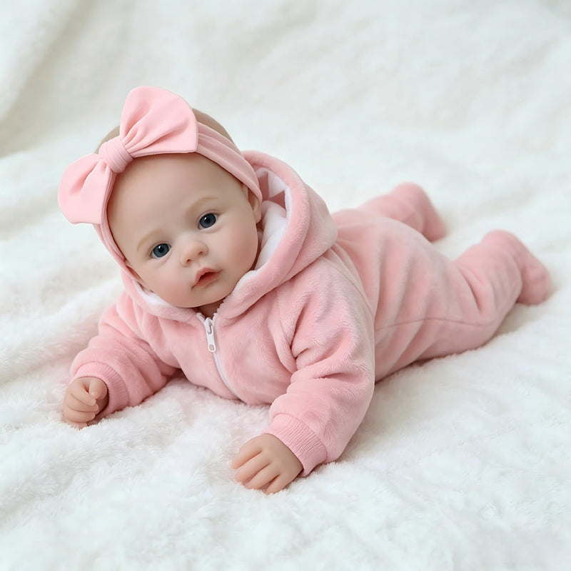Bambina reborn di 45cm con occhi azzurri e vestitini rosa - Meadow