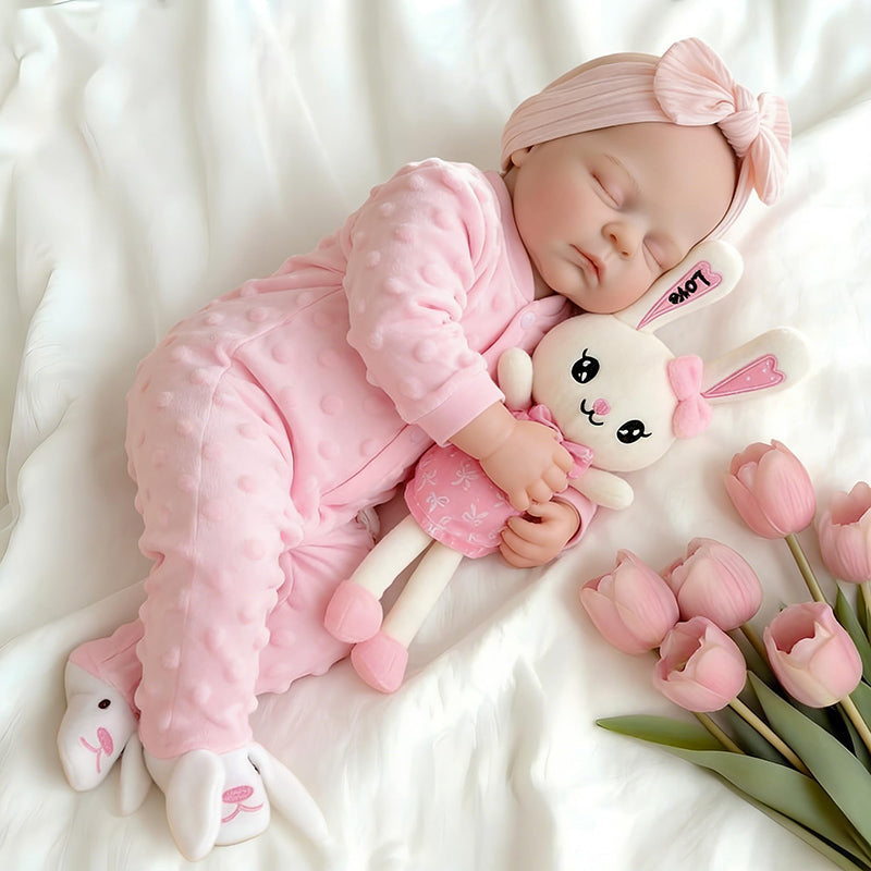 Bambola reborn Peaches in silicone realistica alta 45cm con abito rosa