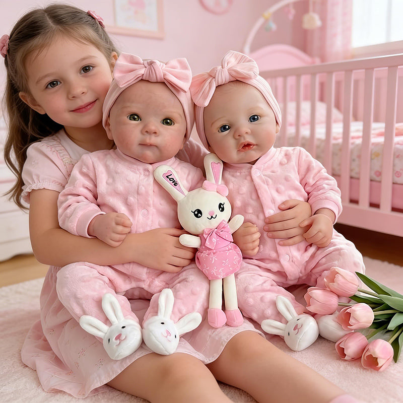 Bambole reborn in silicone pieno da 18 pollici Bettie e Meadow gemelle con abiti rosa