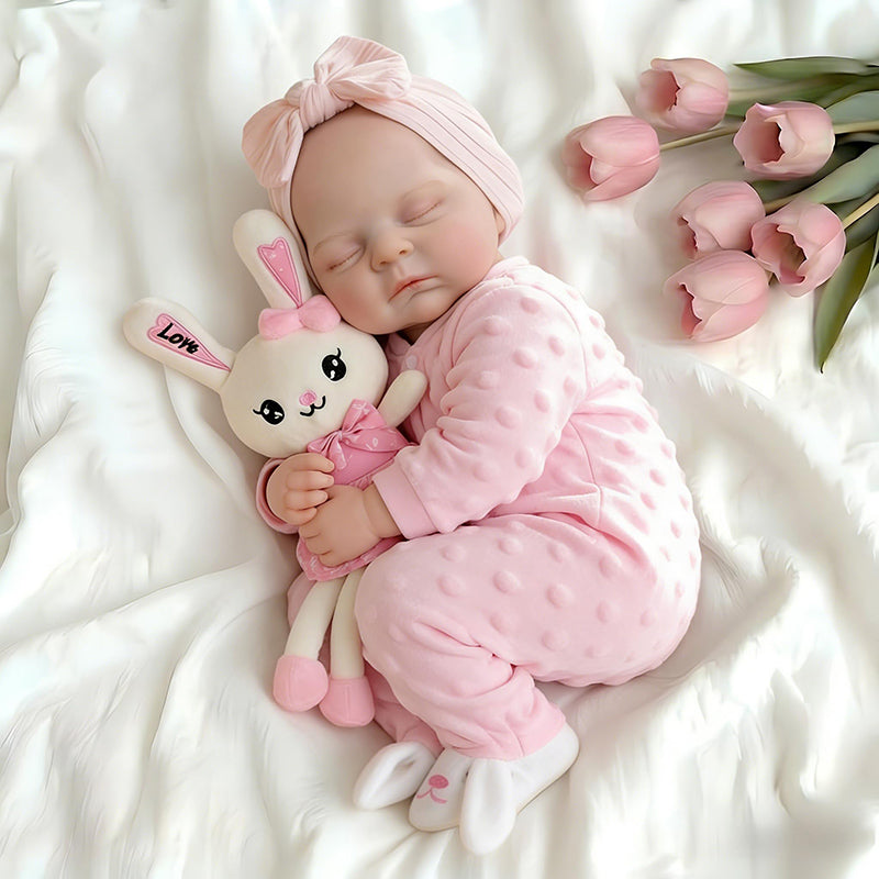 Bambola reborn Peaches in silicone realistica alta 45cm con abito rosa