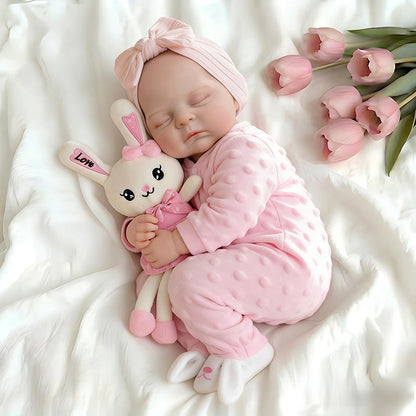 Bambola reborn Peaches in silicone realistica alta 45cm con abito rosa