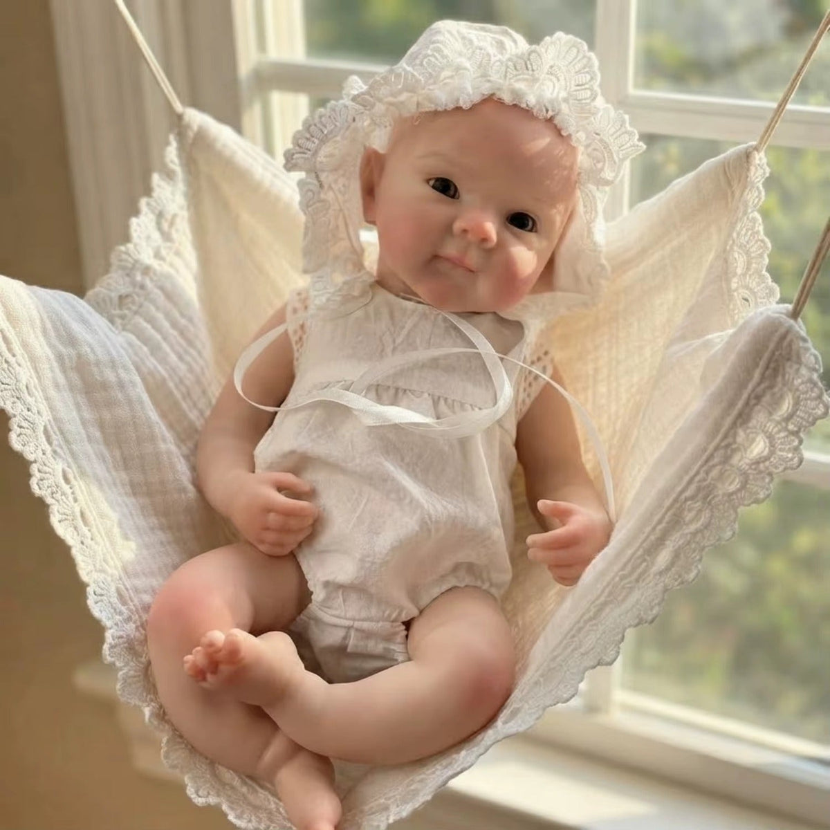 Bambola reborn Bettie da 30cm in silicone con pelle dipinta in 3D e vestitino di pizzo bianco