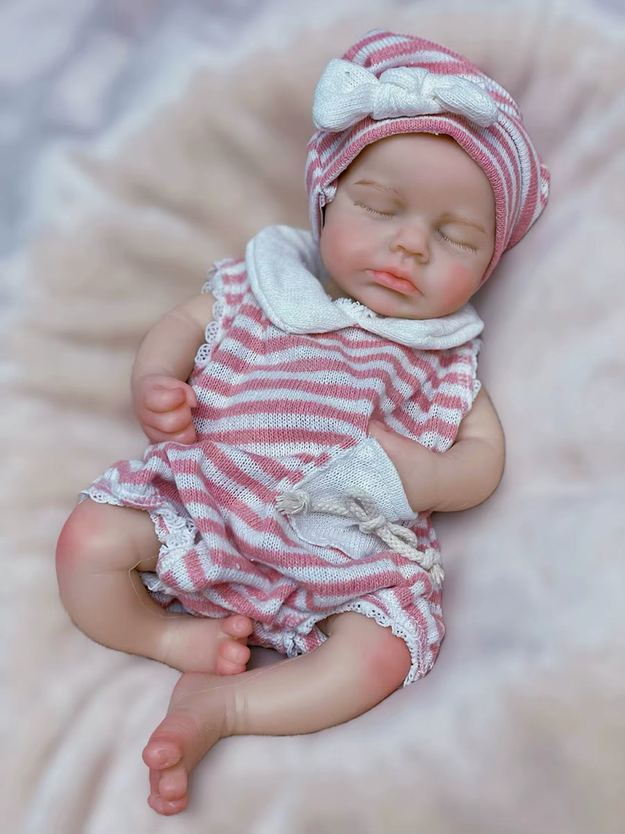 Gemelle Reborn Loulou da 30 cm in silicone realistiche a occhi chiusi con vestitini a righe