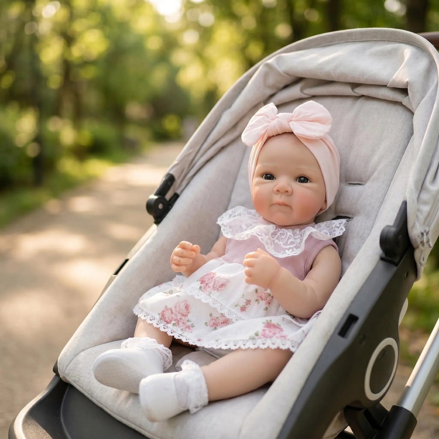Bambola reborn Bettie da 18 pollici con occhi azzurri realistici vestita con un abito floreale